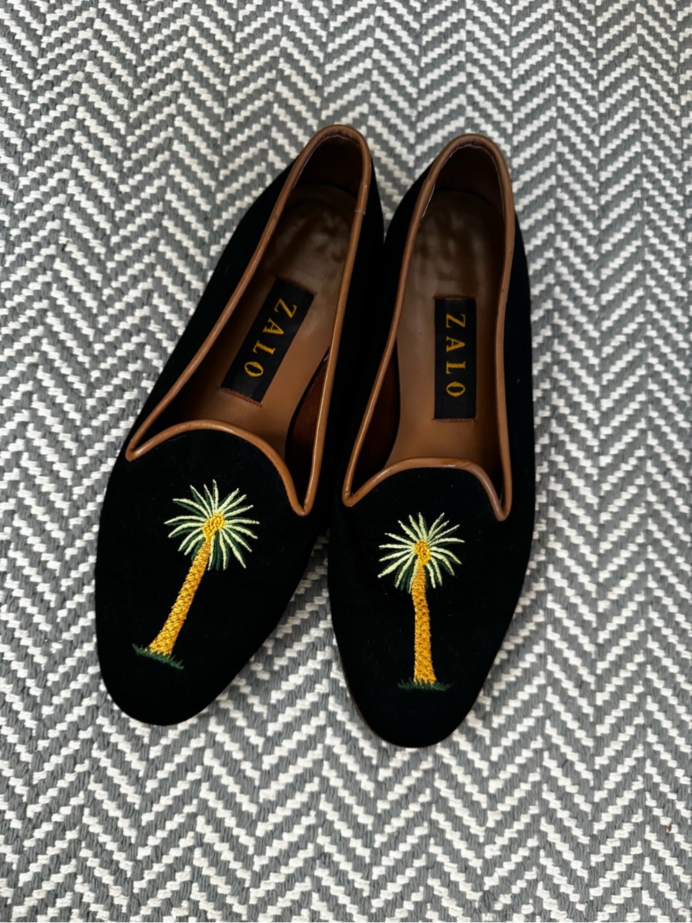 Zalo Black Velvet Slip-On Loafers with Embroidered Palm Trees